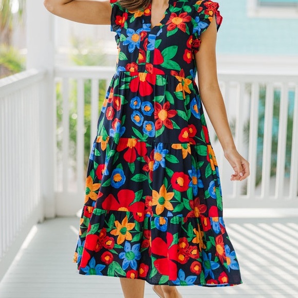 Boutique Entro Tropical Red and Green Floral Midi Dress - Picture 9 of 10